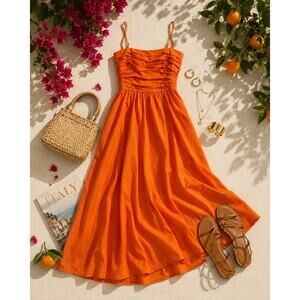 Reformation Gorgeous Apricot Cotton Poplin Midi Dress Size 2 Removable Straps
